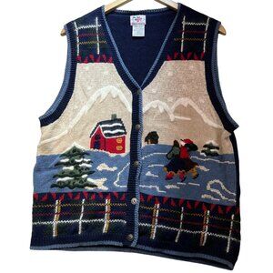 Nutcracker Women's Christmas Button Front Sweater Vest Stretch Size L Beige Blue